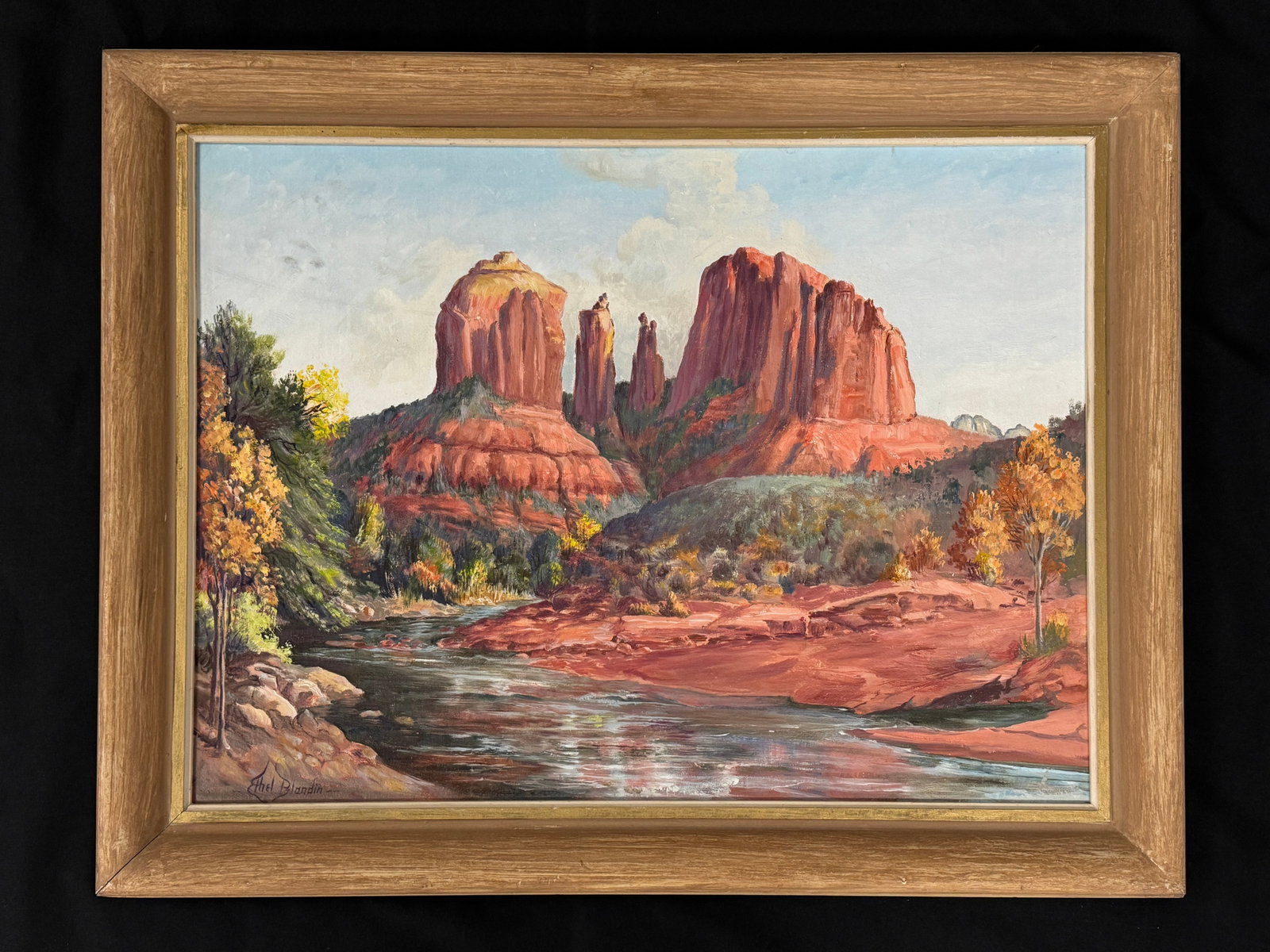 Ethel Blandin Oil Painting Red Rocks: Southwestern painting on masonite. 28.25" x 22". From Camp Deerlands, Whitney Park.