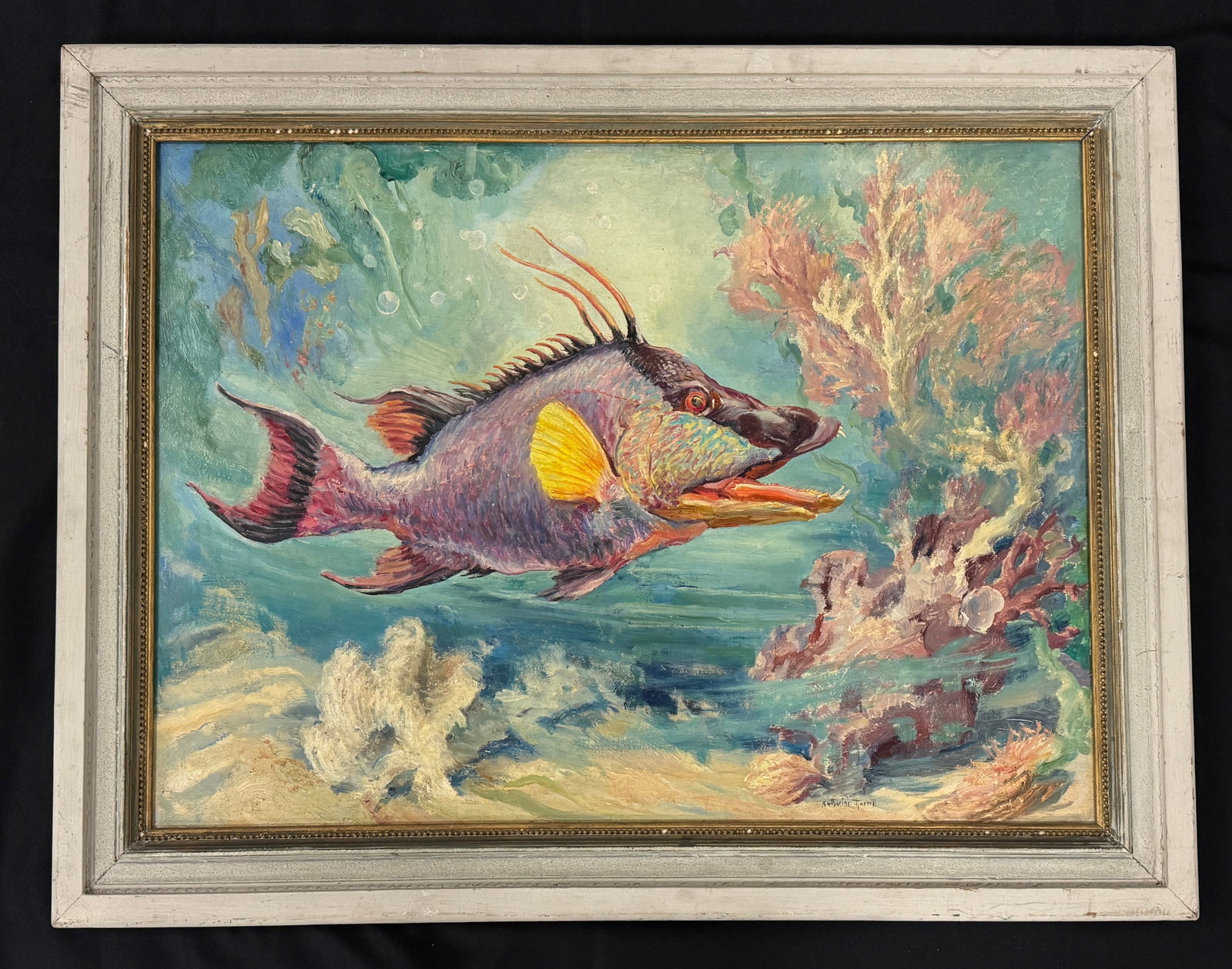 Katherine Merrill Fish Painting: oil on masonite. 27.5" x 35.5" From the Whitney Vanderbilt Collection.
