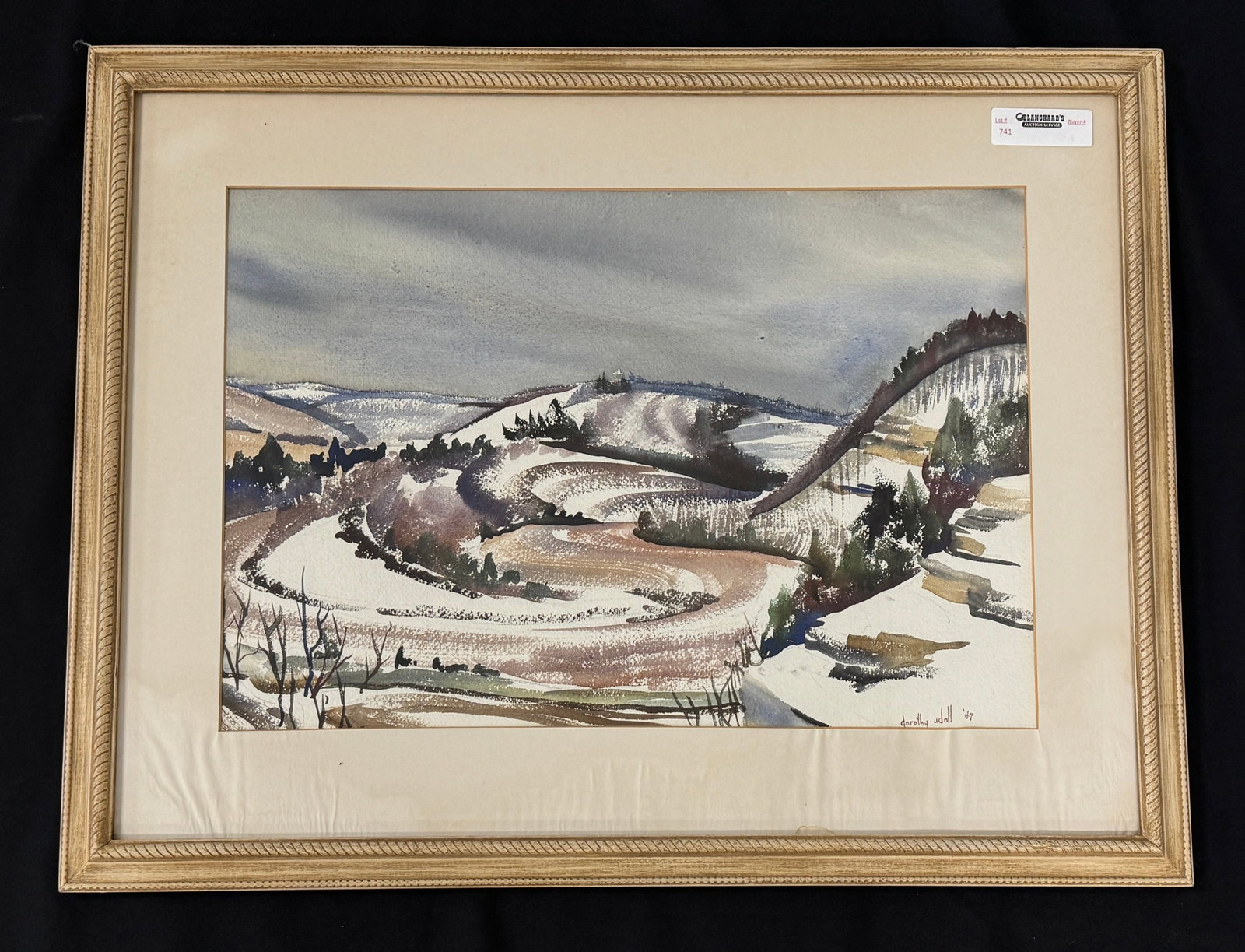 Dorothy Udall "Winter Hill" Watercolor Painting: Framed and matted. 28" x 22". Mattboard needs replacing. From Camp Deerlands, Whitney Park.