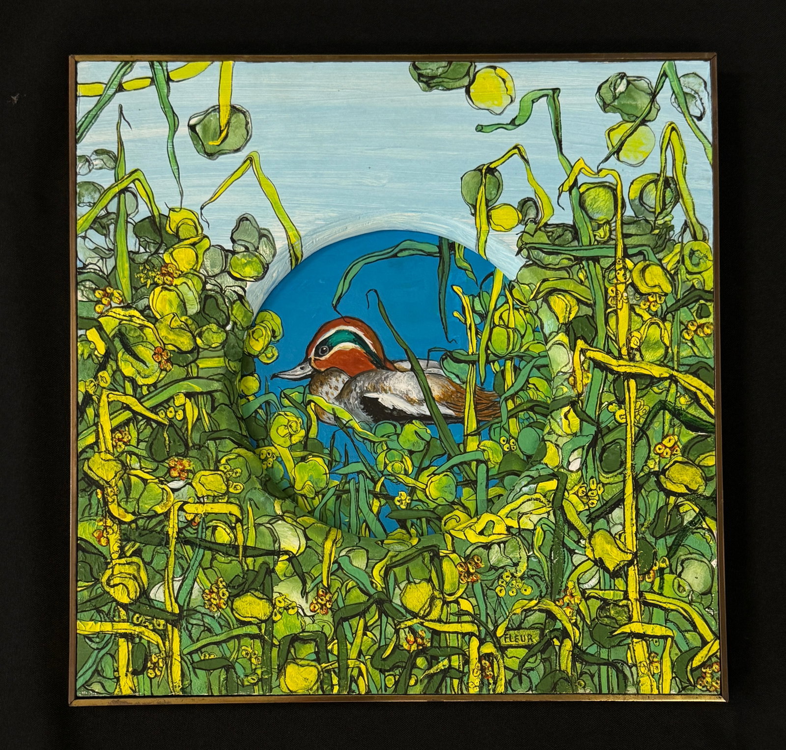 Fleur Cowles "Water View" Painting: Palm Beach Galleries, March 1977. 12" x 12" Oil Painting on Wooden board with brass frame. Green wing teal and pond foliage. From the Whitney Vanderbilt Collection. Hung at Camp Deerlands, Whitney Par
