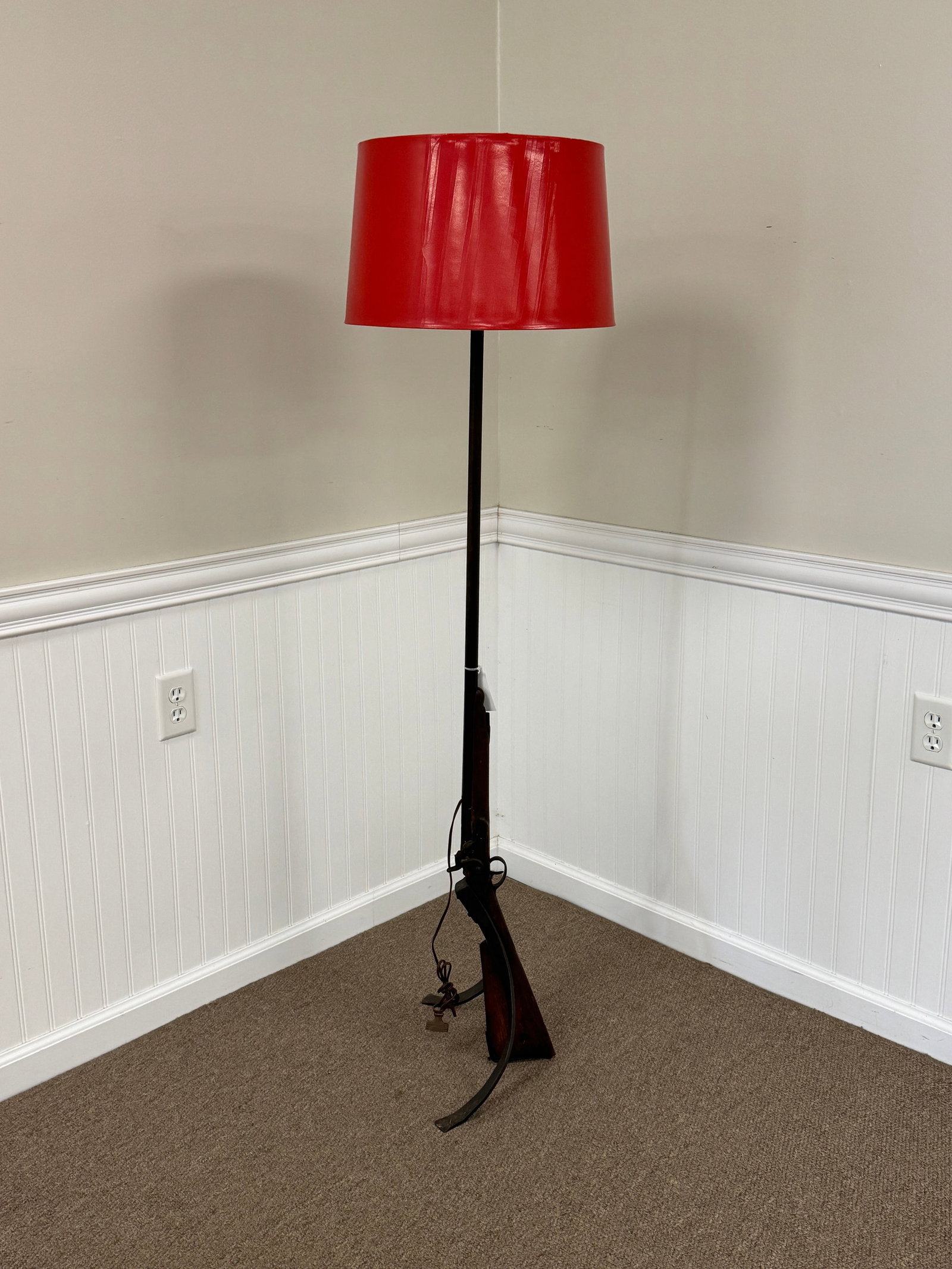 Black Powder Shot Gun Floor Lamp: with red shade. 5' tall. From Camp Deerlands, Whitney Park.
