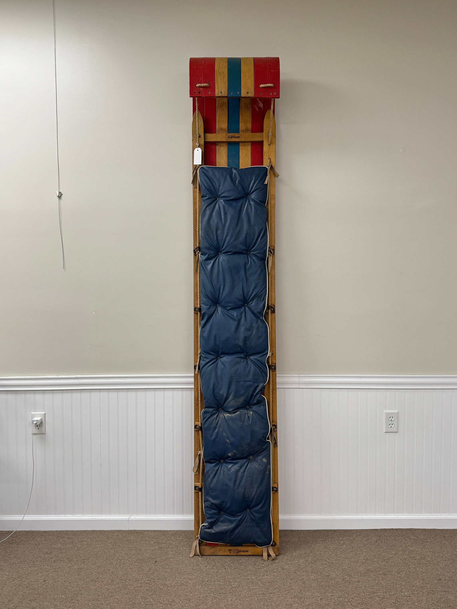 Wards Hawthorne Painted Toboggan: red and blue, 8' long, original cushion.