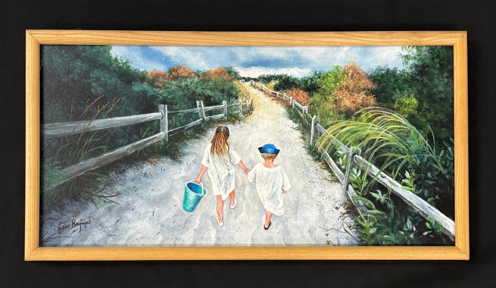 Lea Baynon "Path to the Sea" Oil Painting: oil on canvas painting. Rainbow Lake Adirondack Artist. Framed. 25" x 13" From Camp Deerlands, Whitney Park.