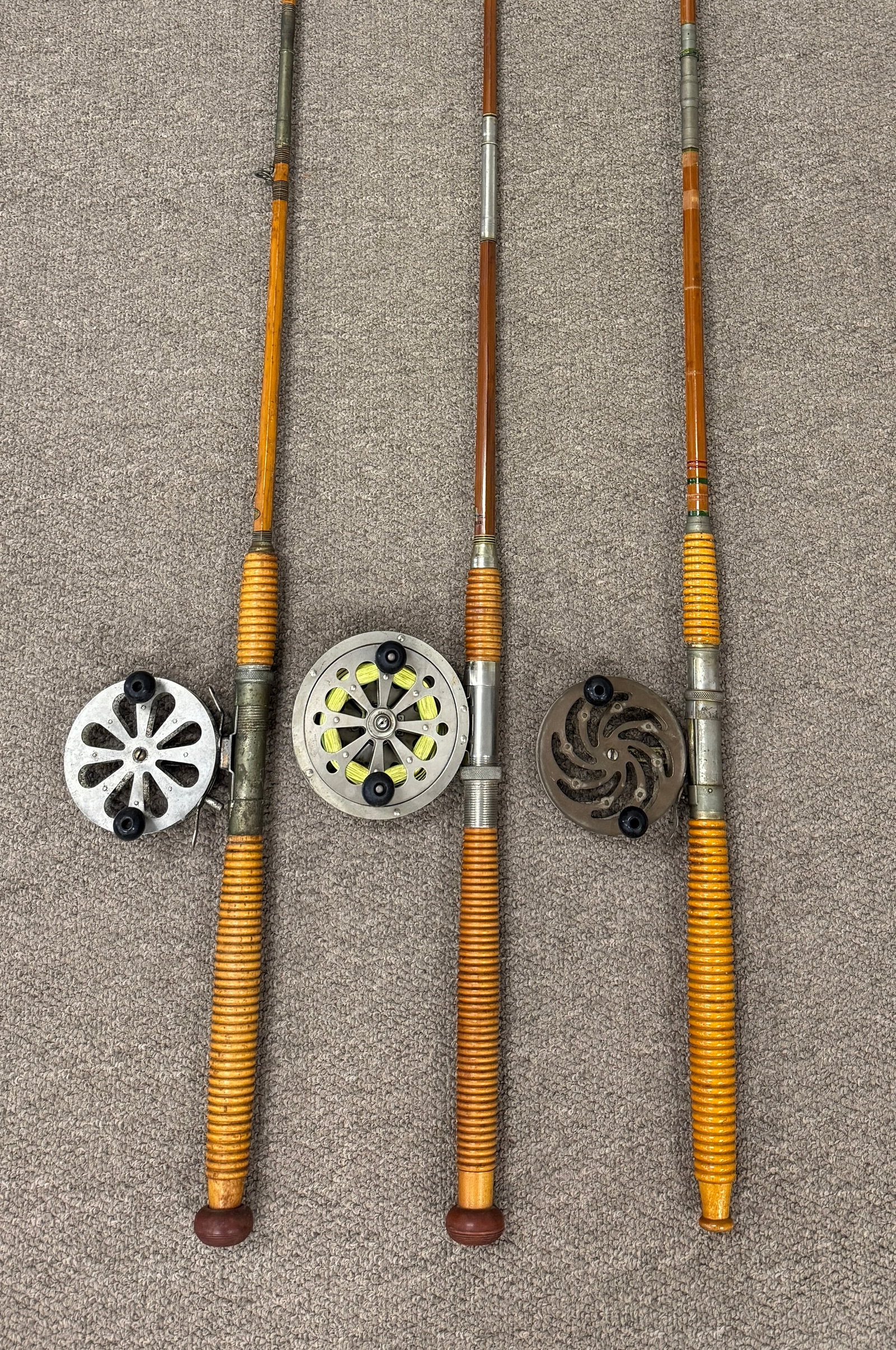3 Vintage Bamboo Boat Rods with Reels: longest is 74"