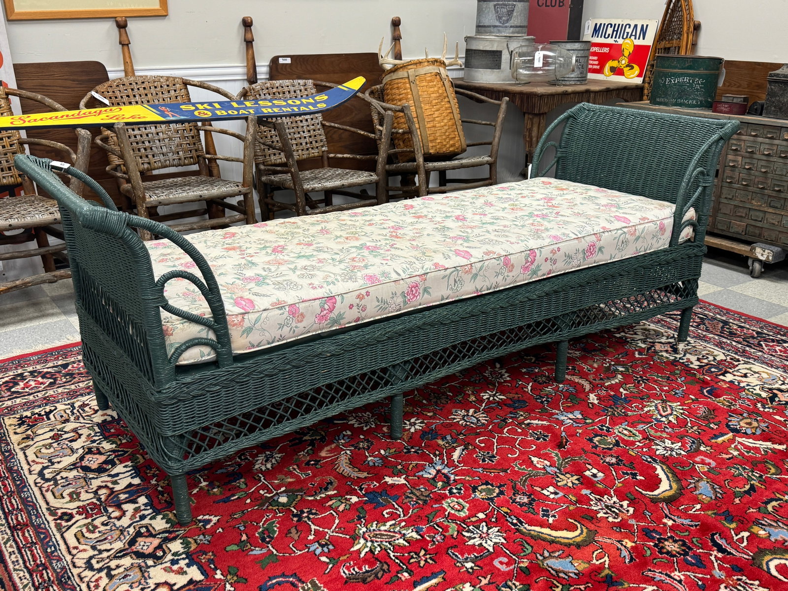 Wicker Day Bed: deco era fiber painted green, measures approximately 82" long x 27" wide x 30" tall. Cushion need re-upholstery.