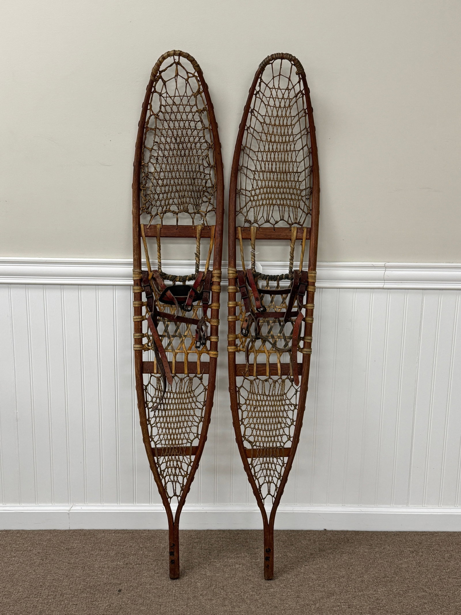 Pair of Snowshoes with Leather Bindings: 56" long. From Whitney Park.