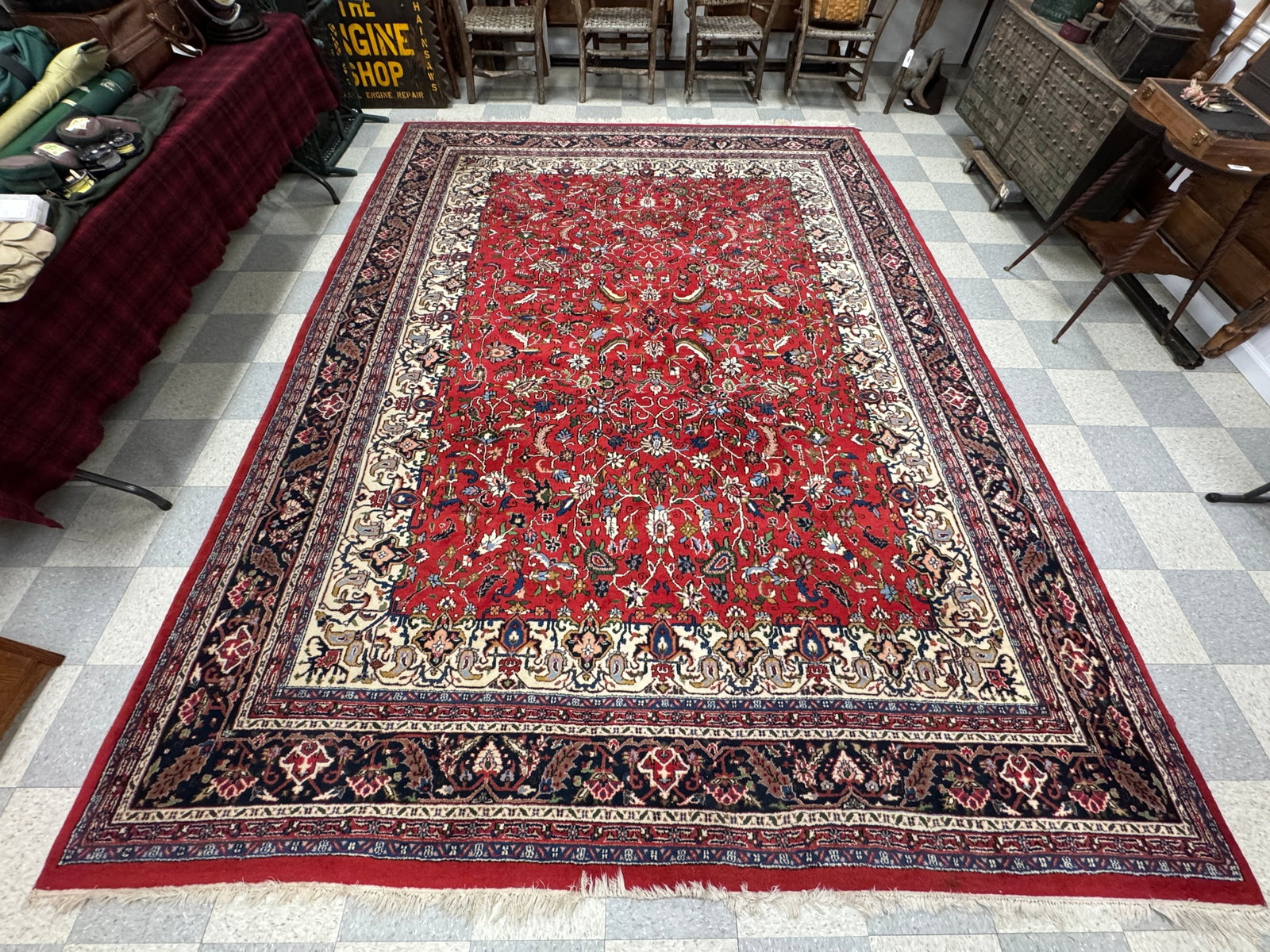 Oriental Room Size Rug: 9.5' x 12.5' From a home on Lake George, NY. Good condition, some wear.