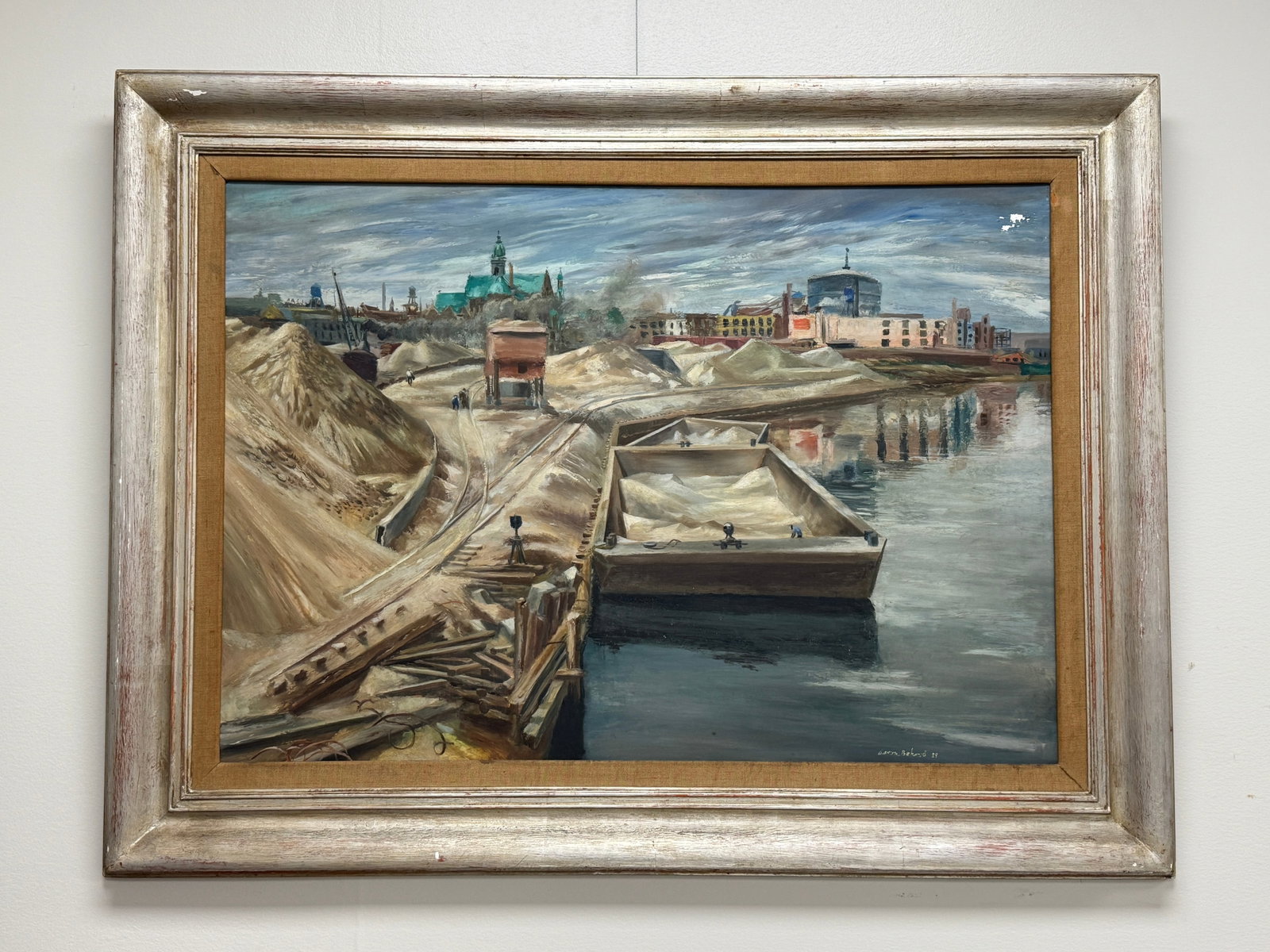 Aaron Bohrod Industrial, Chicago River Painting: oil on masonite. dated 1939. From the Whitney Vanderbilt Collection. Titled on back. some paint flaking in top right corner. 48" x 36"