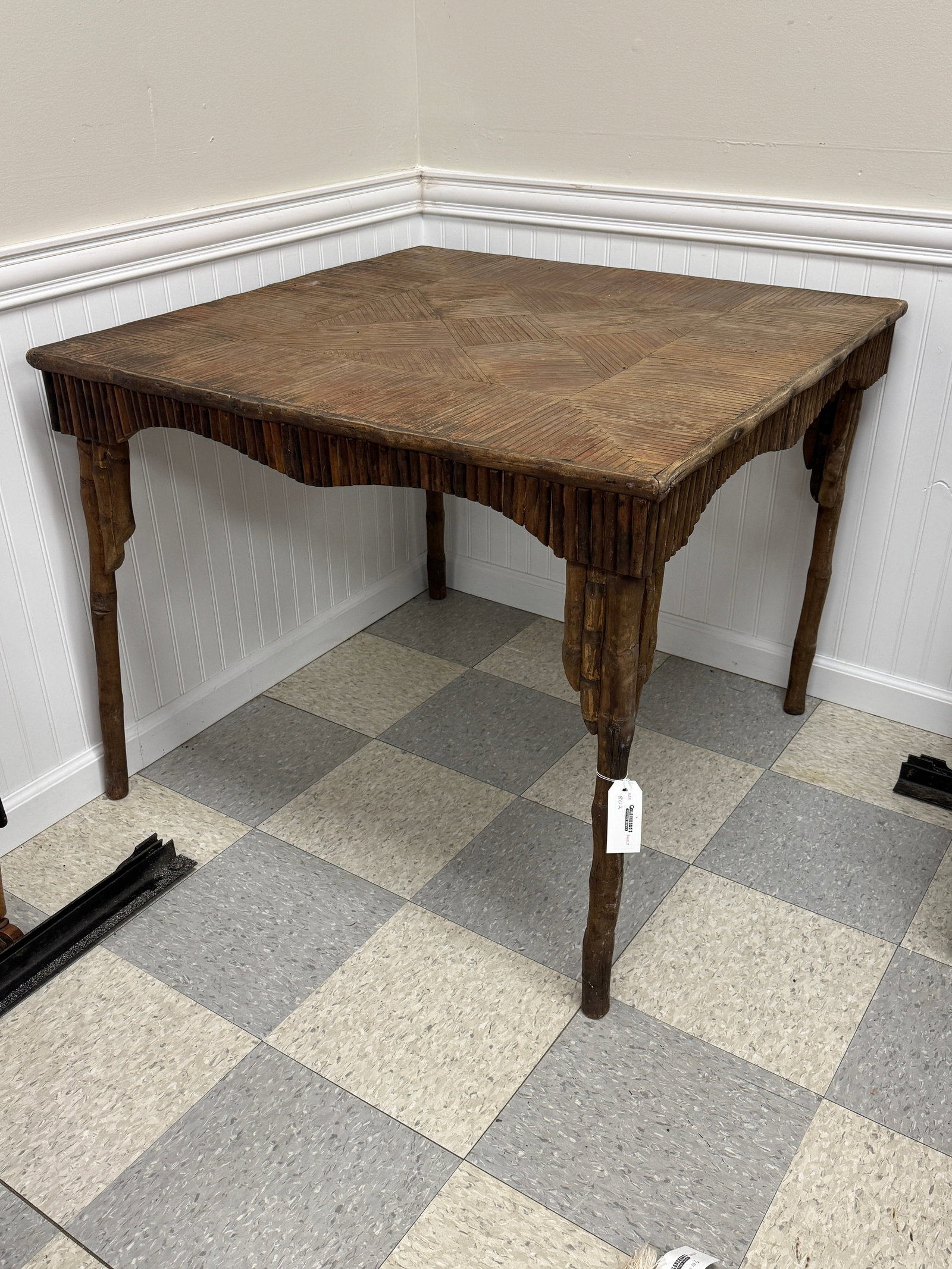 Mosaic Top Adirondack Card Table: 36" top x 29" tall. Weathered finish.