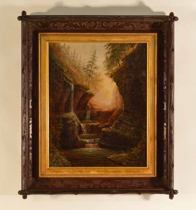 James Hope (1818-1892) Oil on Canvas Wakins Glen NY: Rainbow falls. Museum quality painting in a Black Forest Carved Victorian Era Frame. Excellent condition. Overall size 24 inches x 28 inches. Sight size 15 1/4 inches x 19 1/4 inches