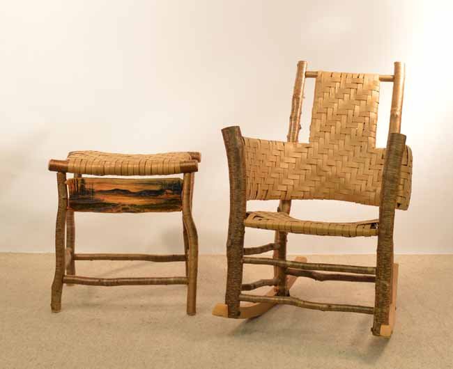Lee Fountain Style Arm Rocker and Stool: yellow birch and splint weaving made by Jack Leadley in Speculator NY.