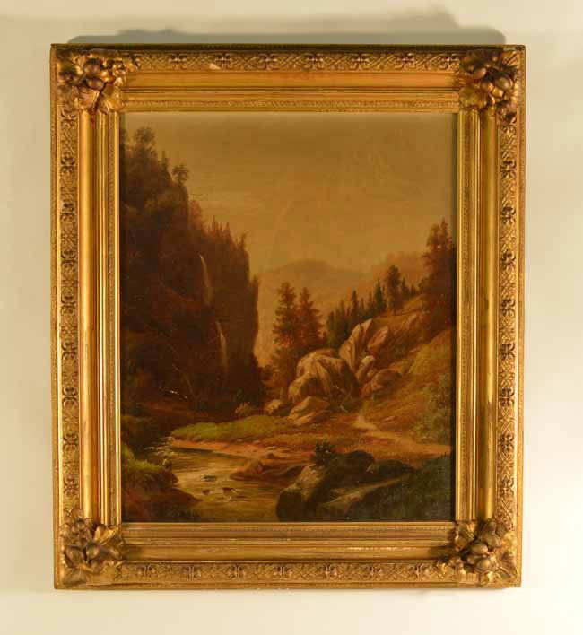 Oil on Canvas Adirondack Scene Painting: unsigned painting of mountains, river bed, fisherman. Title pencil inscribed on back. Late 1800's, original frame. Overall size 27 inches x 31 inches"