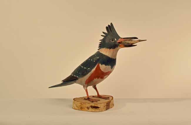 Hazel Tyrrell King Fisher with Fish Bird Carving: on a birch bark base.7 1/2 inches tall.
