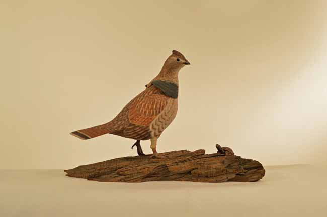 Ruffled Grouse Carved by J. Weaver: from Towaco, NJ. Dated 1961. Half size on drift wood with box turtle. Richard Oliver remains on bottom. Very well done.
