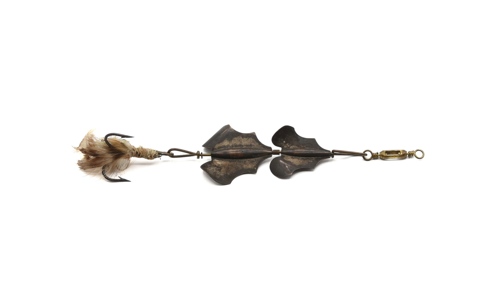 Chapman's Reversible Propeller: Stamped with a number 3 and "Chapman, Son & Co. Rochester, N.Y.", the blade is near Ex but with dark untouched patina. Rarely seen 1890's bait that would clean if desired.