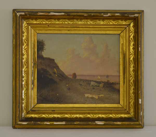 Samuel H. West 1875 Oil on Canvas Painting: Rocky Point Lloyd Neck Long Island NY. Coastal Scene with sailboats in original frame. Painting is dirty and some paint loss. Original frame in fair condition. Sight size 11 1/2 inches x 13 1/12 inche