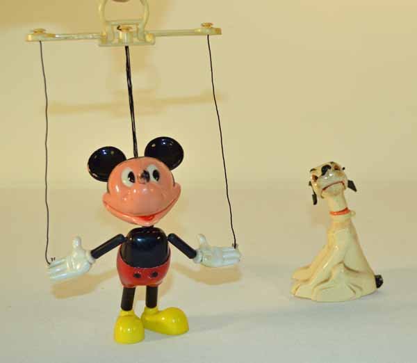 Walt Disney Mickey Marionette with dog: Mickey is 4 1/2 inches tall and wobbler head dog is 3 1/4 inches tall.