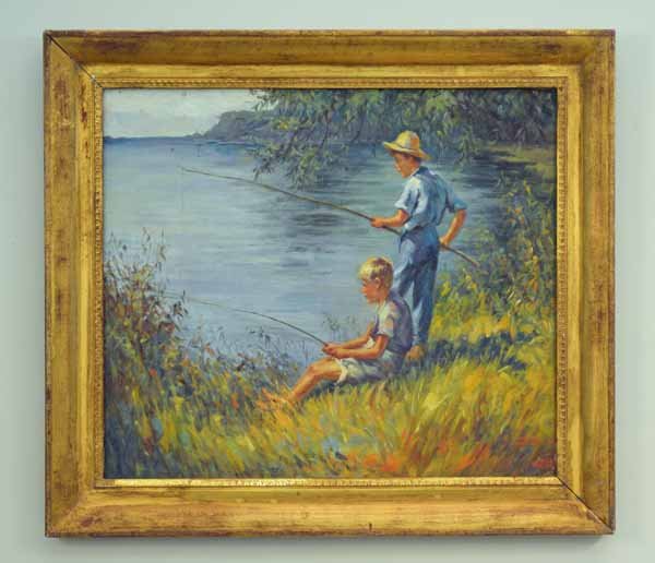 John Philip Falter Oil on Canvas of 2 Boys Fishing: Signed on Stretcher (well known illustrator) (1910-1982) Sight size 17 1/2 inches x 20 1/4 inches. Overall size 22 1/2 inches x 25 1/2 inches.