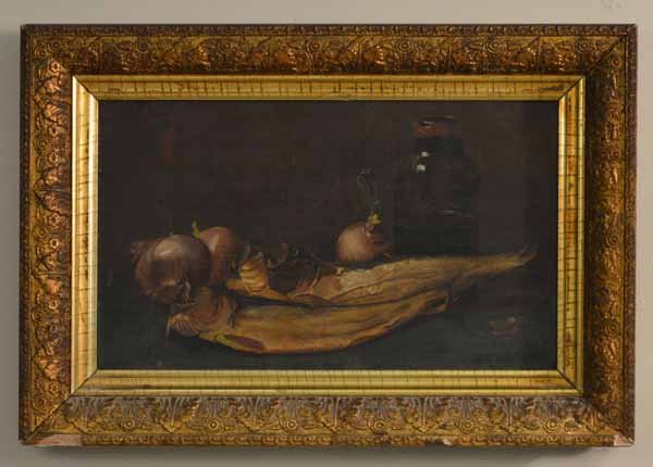 Ben Foster Oil on Canvas Stillife: of fish and onions. Late 1800's. Signed lower right. Overall size 14 3/4 inches x 21 1/2 inches. Gold frame has minor damage. Originally from a camp on Lake Titus in the Northern Adirondacks.