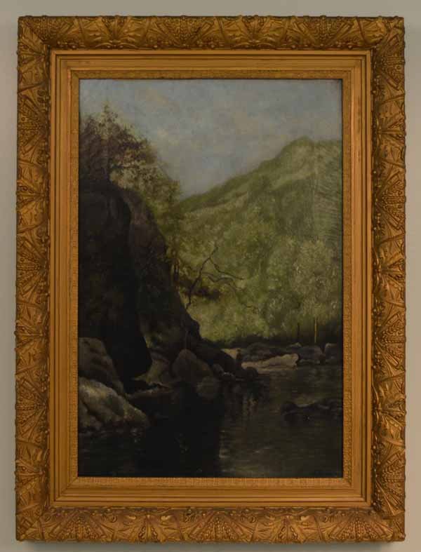 L. Weicher Oil on Canvas Painting Dated 1885: Possibly Keene Valley Area. Fisherman along the waters edge. Sight size 19 1/2 inches x 29 1/2 inches. Overall size 28 1/2 inches x 38 1/2 inches.