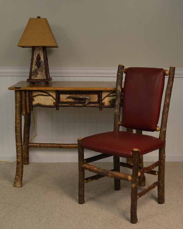 Yellow Birch and Pine Single Drawer Writing Desk: with Old Hickory Chair and Birch Bark Table Lamp. Desk is 22 inches x 40 inches x 29 1/2 inches. Shown in Ralph Kylloe's coffee table book "CABINS" page 132.