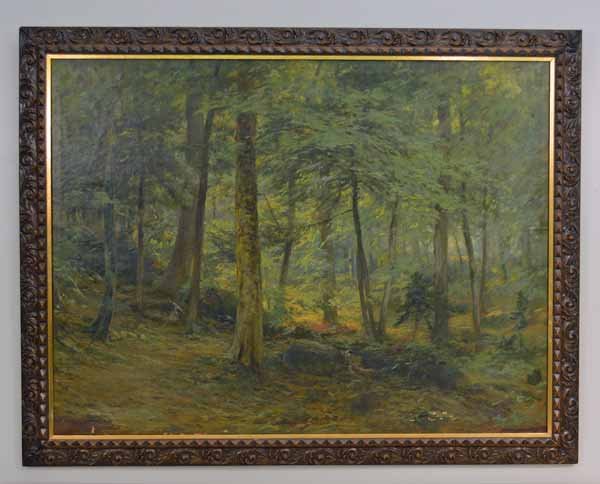 Roswell Morse Shurtleff Oil on Canvas Painting: of a wooded interior - Keene Valley, NY Artist (1838-1915) Sight size 28 1/2 inches x 38 inches. Overall size 33 1/2 inches x 43 inches. Minor paint loss along bottom edge.