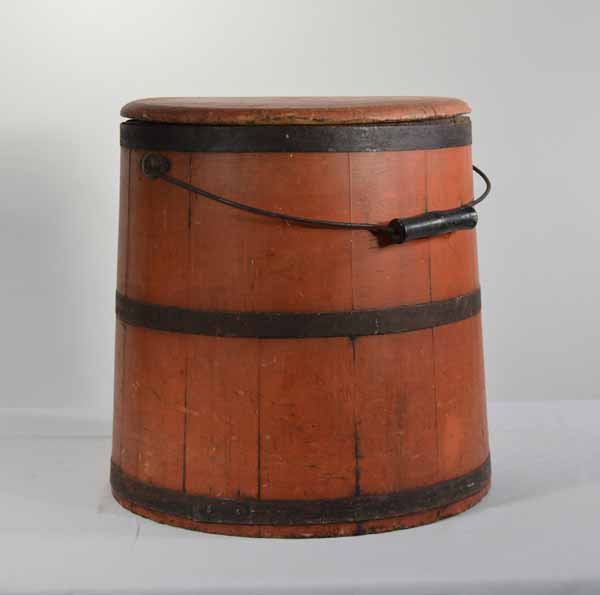 Painted Country Wooden Firkin: original salmon colored paint with wooden lid and bale handle. 14 inches tall in very good condition.