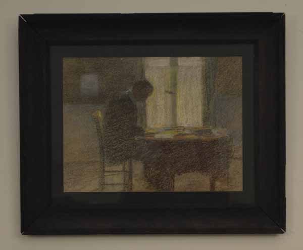 Alson S. Clark Pastel Painting: of a man at a table. Unsigned. Recently rematted.From Alson S. Clark's summer home on Comfort Island in Alexandria Bay, NY. Sight size is 9 inches x 12 inches. Overall size is 14 1/2 inches x 17 1/2 i