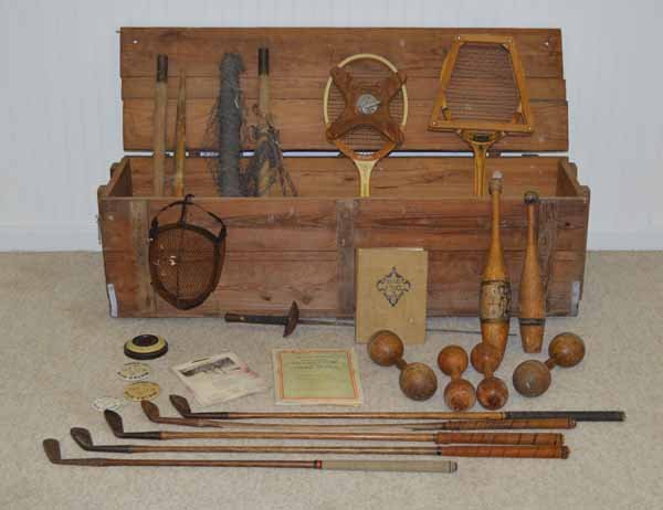 Thousands Islands Recreational & Sporting Goods: includes: 5 wooden shaft golf clubs, 2 tennis rackets, wooden bar bells, fencing mask & sword, bad mitten net, 1924 Lake Placid Club calendar, 1926 Lawn Tennis Championship Booklet, 1900 Yale Universi
