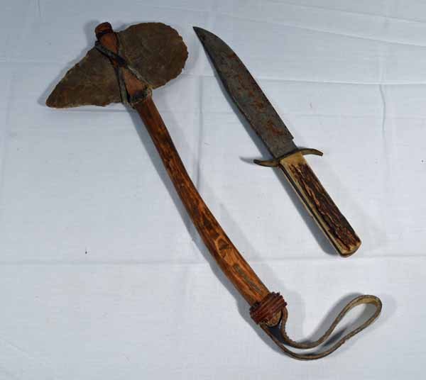 Solingen Germany Bowie Knife & Tomahawk: Bowie knife 12 1/2 inches long with bone handle & handmade stone and wooden 16 inch tomahawk found on Barnhart Island