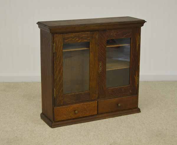 Quarter Sawn Oak Hanging Wall Cabinet: Double door and 2 drawers. 28 1/2 inches x 27 inches x 9 inches