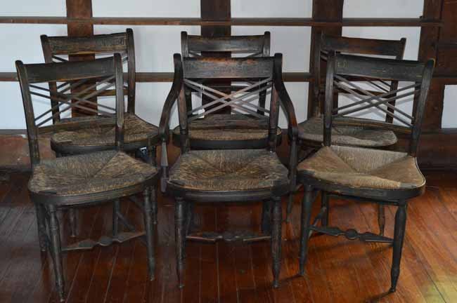Set of 6 Country New York Sheraton Chairs: circa 1810, original painted surface, rush seats, double x cross back, one is an arm chair.