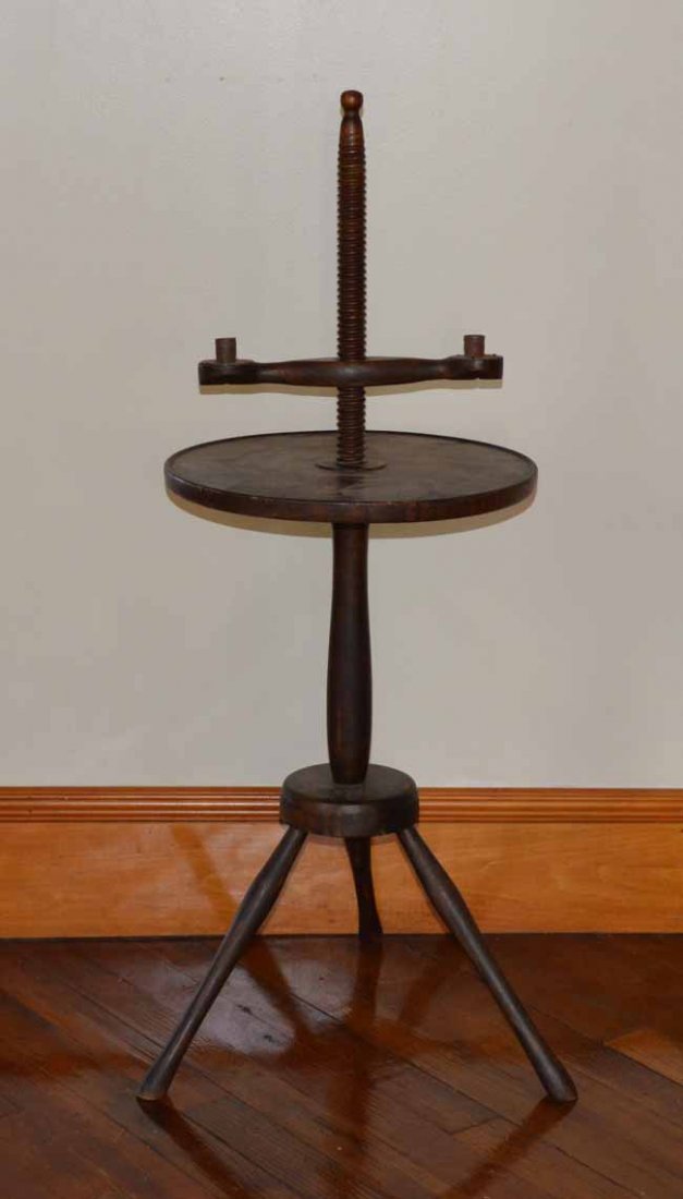 New England Adjustable Candle Stand with Shelf: Shelf made of curly maple, 2 arm candle holder on a tripod base. 38" tall.