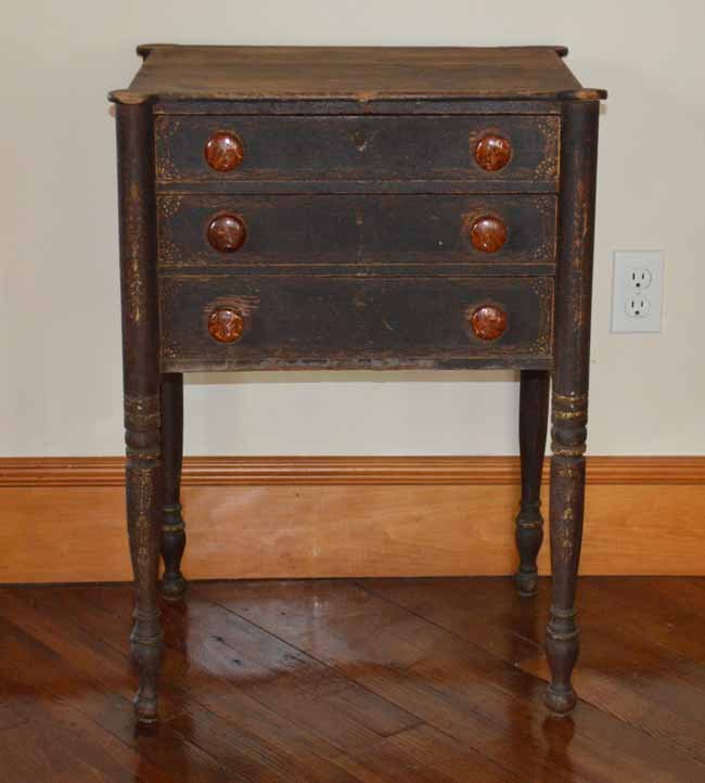 Sheraton 3 Drawer Country Work Table: New York or Vermont, with cookie cornice top, 6 Bennington pulls, paint decorated dovetailed drawers, warn pine top