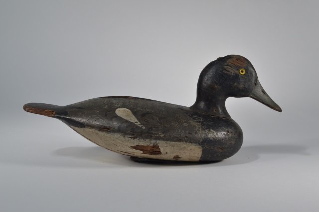 Stevens Drake Bluebill Duck Decoy: Late 1800's, Weedsport, NY. Chipped paddle tail and large chip out of back. From the Andy Reece Estate, longtime Western NY collector.
