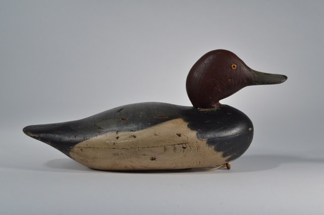 Peterson Factory Drake Redhead Duck Decoy: Circa 1880's. Hollow body, glass eyes, repainted. From the Andy Reece Estate, longtime Western NY collector.