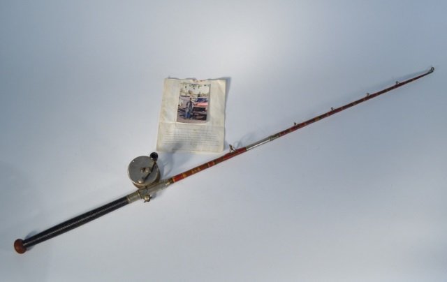 Roy Conklin Muskie Trolling Rod with Reel: Two piece rod. 59 inches long. The rod is believed to be made by Roy Conklin and it originally belonged to Earnie Mance from Alexandria Bay, NY.