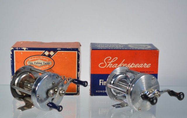 Two Shakespeare True Blue Bait Casting Reels: Model No 1956. Both with original boxes. From the Andy Reece Estate, longtime Western NY collector.