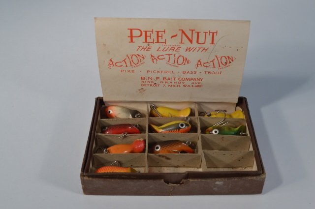 Pee-Nut Store Display with Fishing Lures: B.N.F. Bait Co. Detroit, MI. Original store display box with 9 out of the 12 fly fishing lures. From the Andy Reece Estate, longtime Western NY collector.