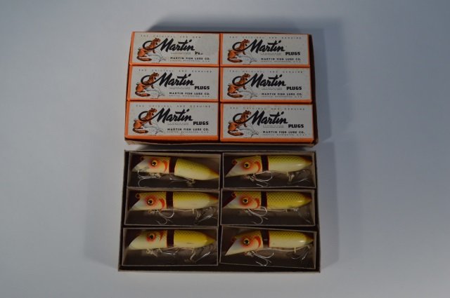 Martin Fish Lure Co. - Six New in Box Lures: comes with original cardboard box that holds 6. All six lures are in new condition and are yellow silver scale model 5J-13. From the Andy Reece Estate, longtime Western NY collector.