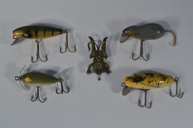 Five Vintage Fishing Lures: Makers to include Paw-Paw and Shakespeare. From the Andy Reece Estate, longtime Western NY collector.