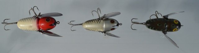 Three Heddon Crazy Crawler Fishing Lures: From the Andy Reece Estate, longtime Western NY collector.