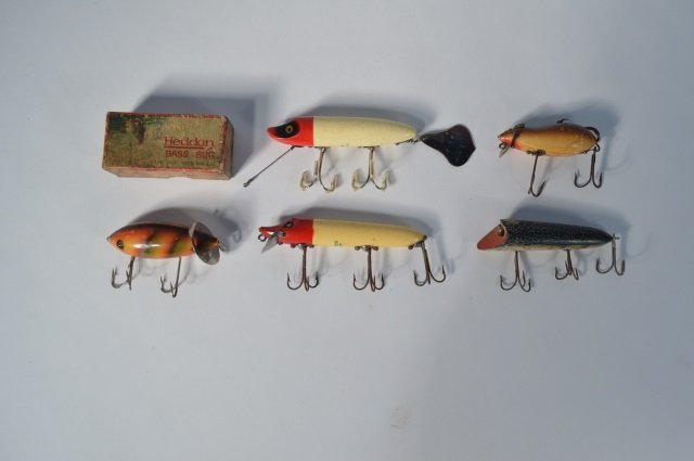 Five Vintage Heddon Fishing Lures: along with a early Heddon Bass Bug empty box. From the Andy Reece Estate, longtime Western NY collector.