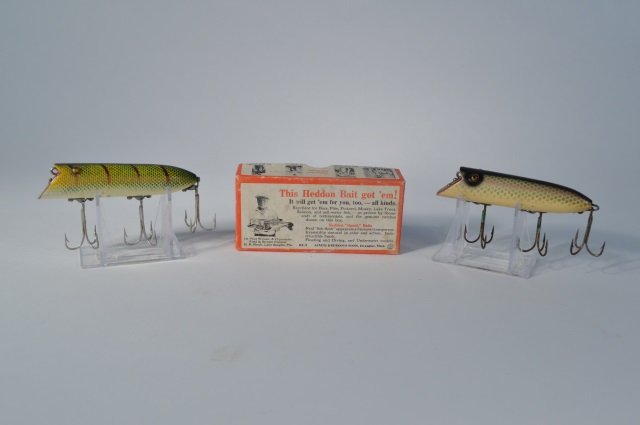 Two Heddon Basser Fishing Lures: one with Heddon box 8500L. From the Andy Reece Estate, longtime Western NY collector.