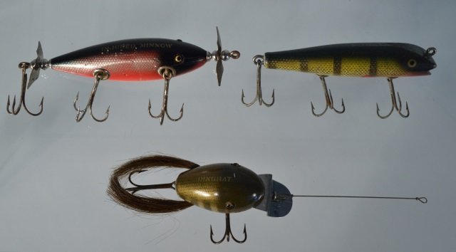 Three Creek Chub Lures: to include: an injured minnow and a dingbat. From the Andy Reece Estate, longtime Western NY collector.