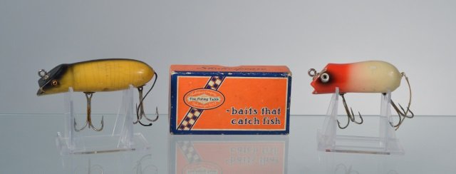 Two Shakespeare Lures: one is a red and white swimming mouse with correct box.