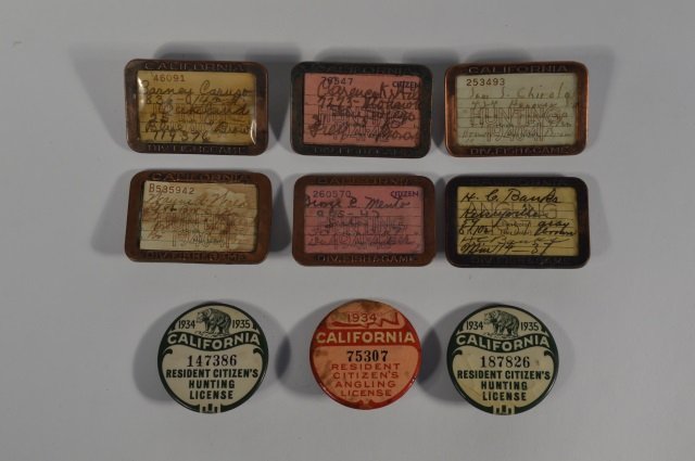 9 California Hunting & Fishing Licenses: 1934 resident citizens angling license and two 1934-35 resident citizens hunting license. Along with 6 California 1930's & 40's Division of Fish and Game Buttons that hold paper licenses. From the And