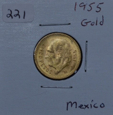 1955 Mexican Gold Cinco Pesos Coin: From a one owner estate in Northern New York