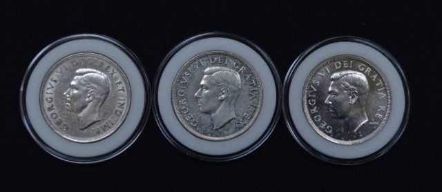 3 Canadian Silver Dollars - 1939, 1949, 1950 (1 of 2)