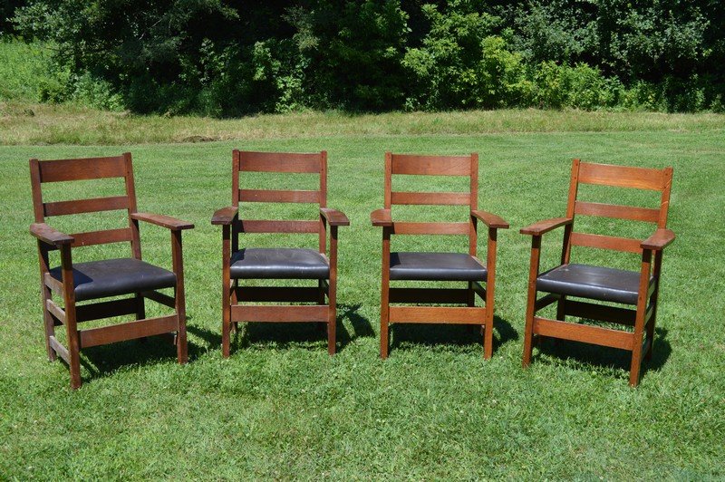 Set of Four L& JG Stickley Matching Arm Chairs: Signed
